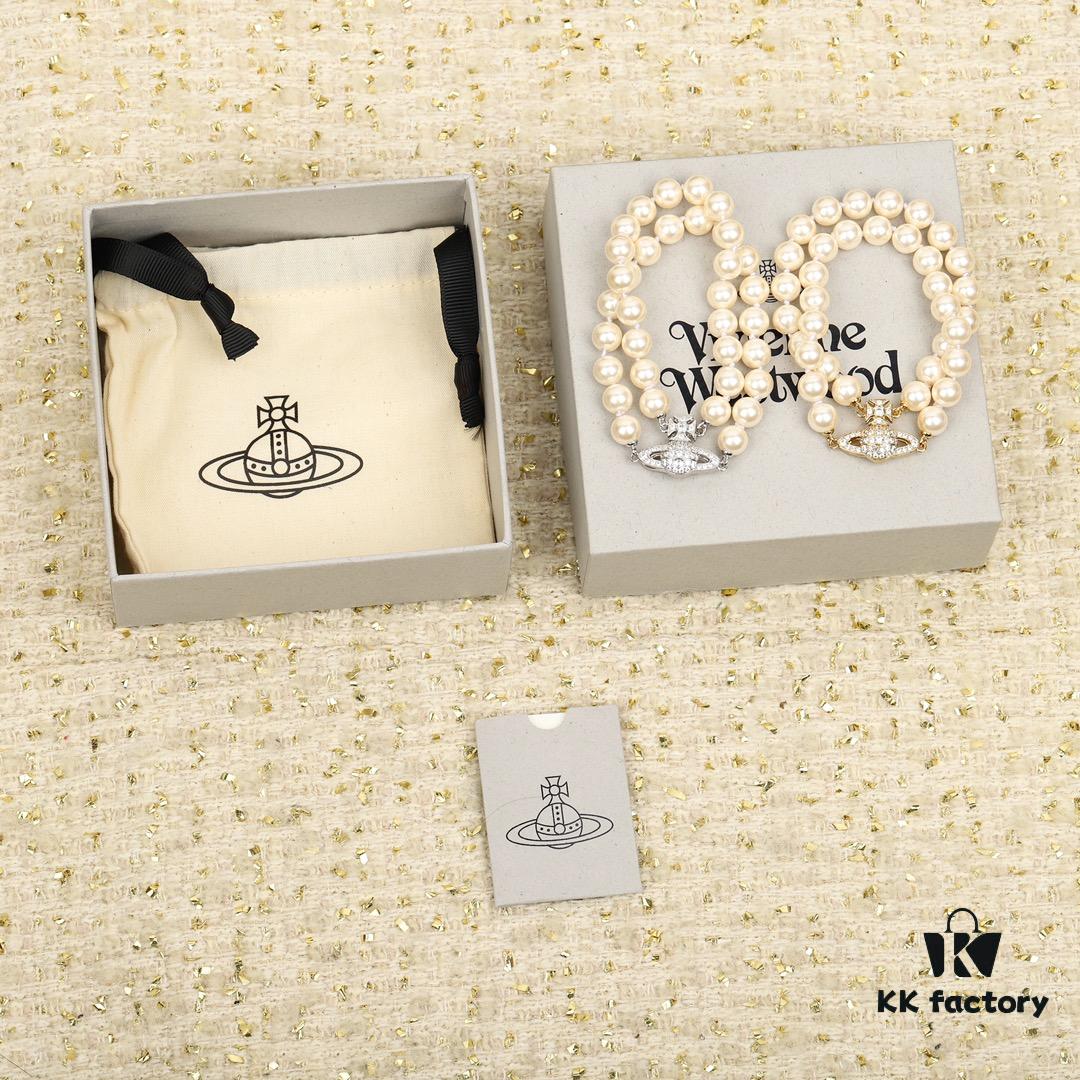 693011b312f62673a6fac5b8 Vivienne Westwood Full Crystal Saturn Double Layer Pearl Bracelet