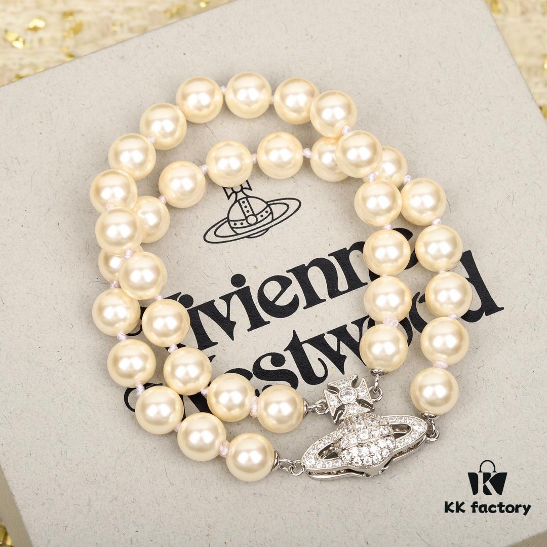 693011b312f62673a6fac5b9 Vivienne Westwood Full Crystal Saturn Double Layer Pearl Bracelet