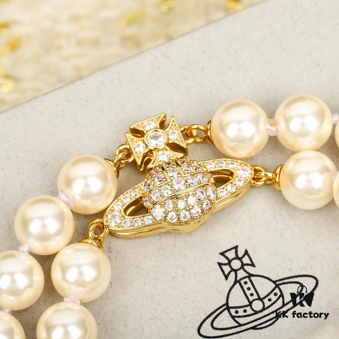 693011b412f62673a6fac5ba Vivienne Westwood Full Crystal Saturn Double Layer Pearl Bracelet