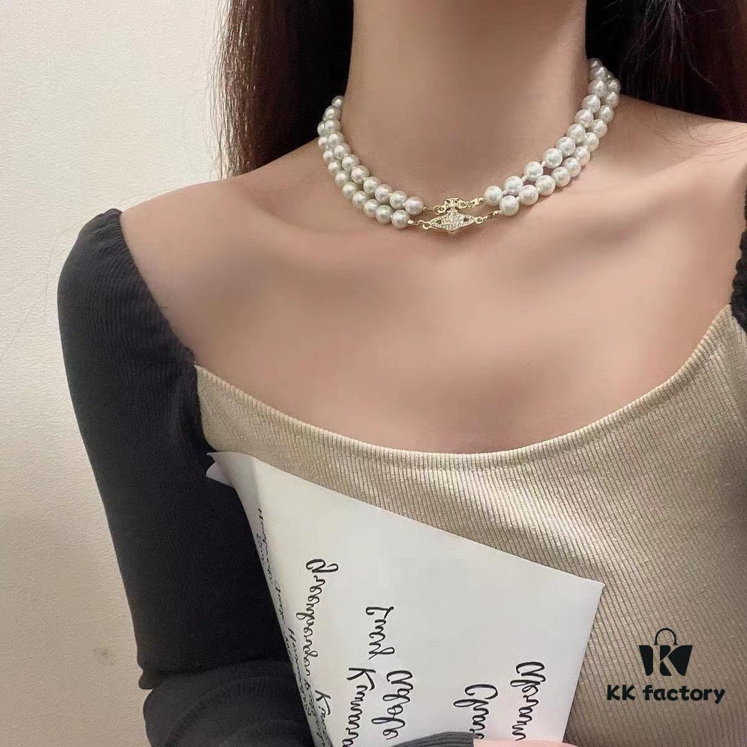 West Queen Full Crystal Saturn Double Layer Pearl Necklace