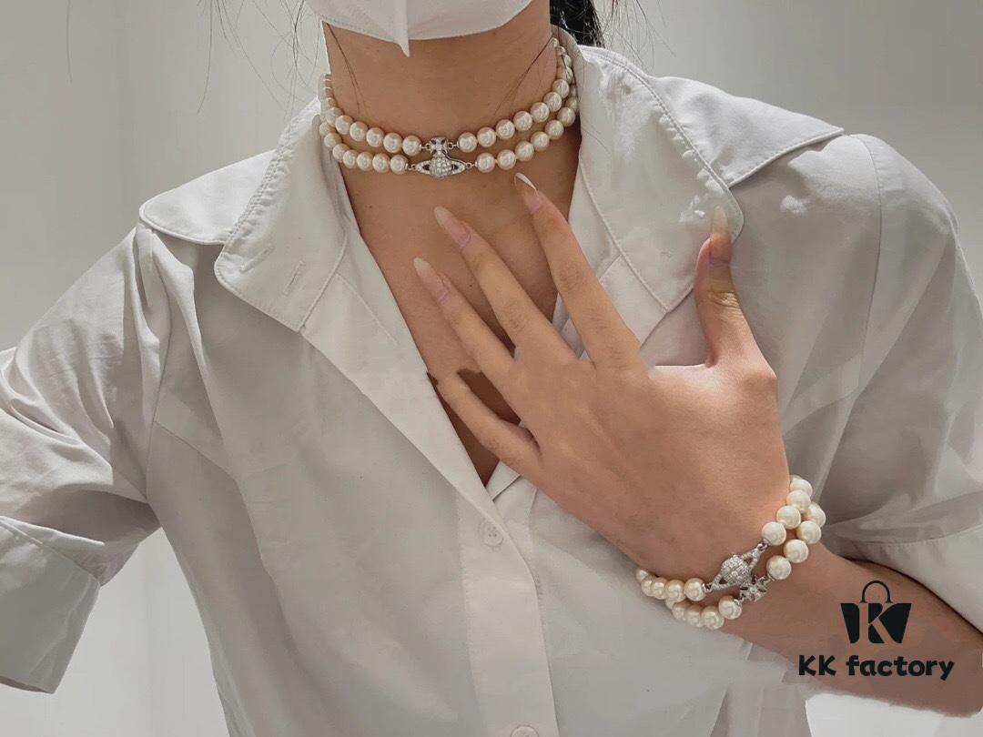 693011b412f62673a6fac5bc Vivienne Westwood Full Crystal Saturn Double Layer Pearl Bracelet