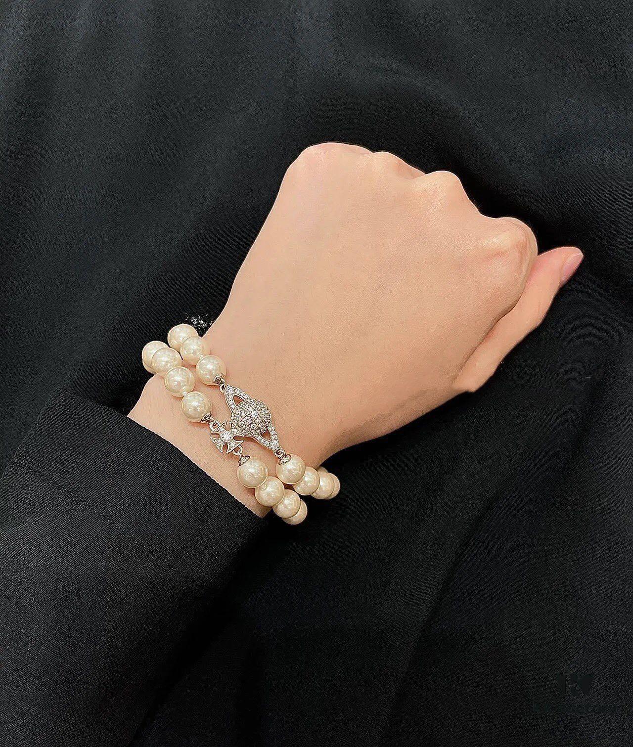 693011b712f62673a6fac5bf Vivienne Westwood Full Crystal Saturn Double Layer Pearl Bracelet