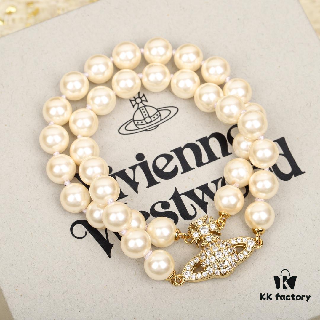 693011bd12f62673a6fac5ca Vivienne Westwood Full Crystal Saturn Double Layer Pearl Bracelet