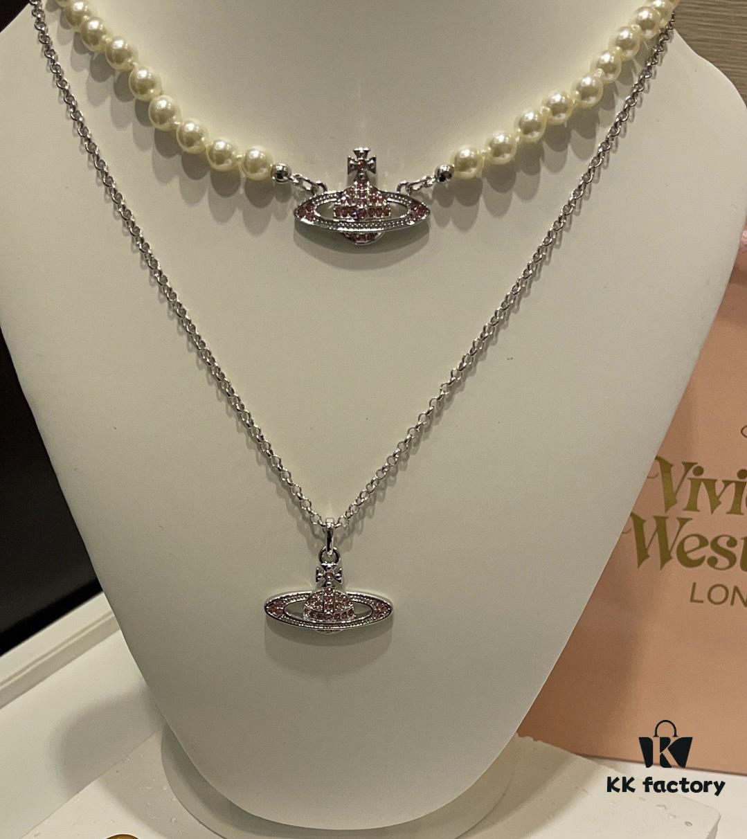 693011bf12f62673a6fac5cb New Arrival Today 🆕 Vivienne Westwood Pink Diamond Saturn Pearl Necklace in Silver