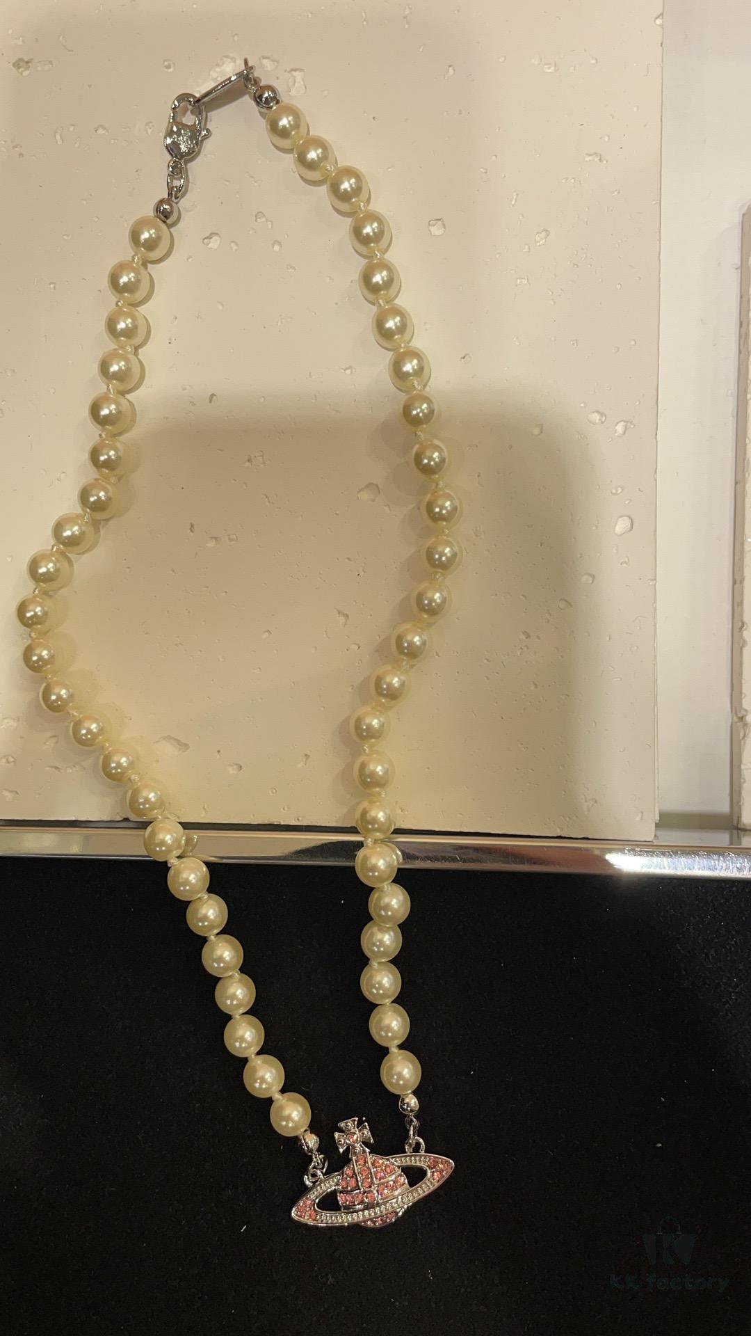 693011c012f62673a6fac5ce New Arrival Today 🆕 Vivienne Westwood Pink Diamond Saturn Pearl Necklace in Silver