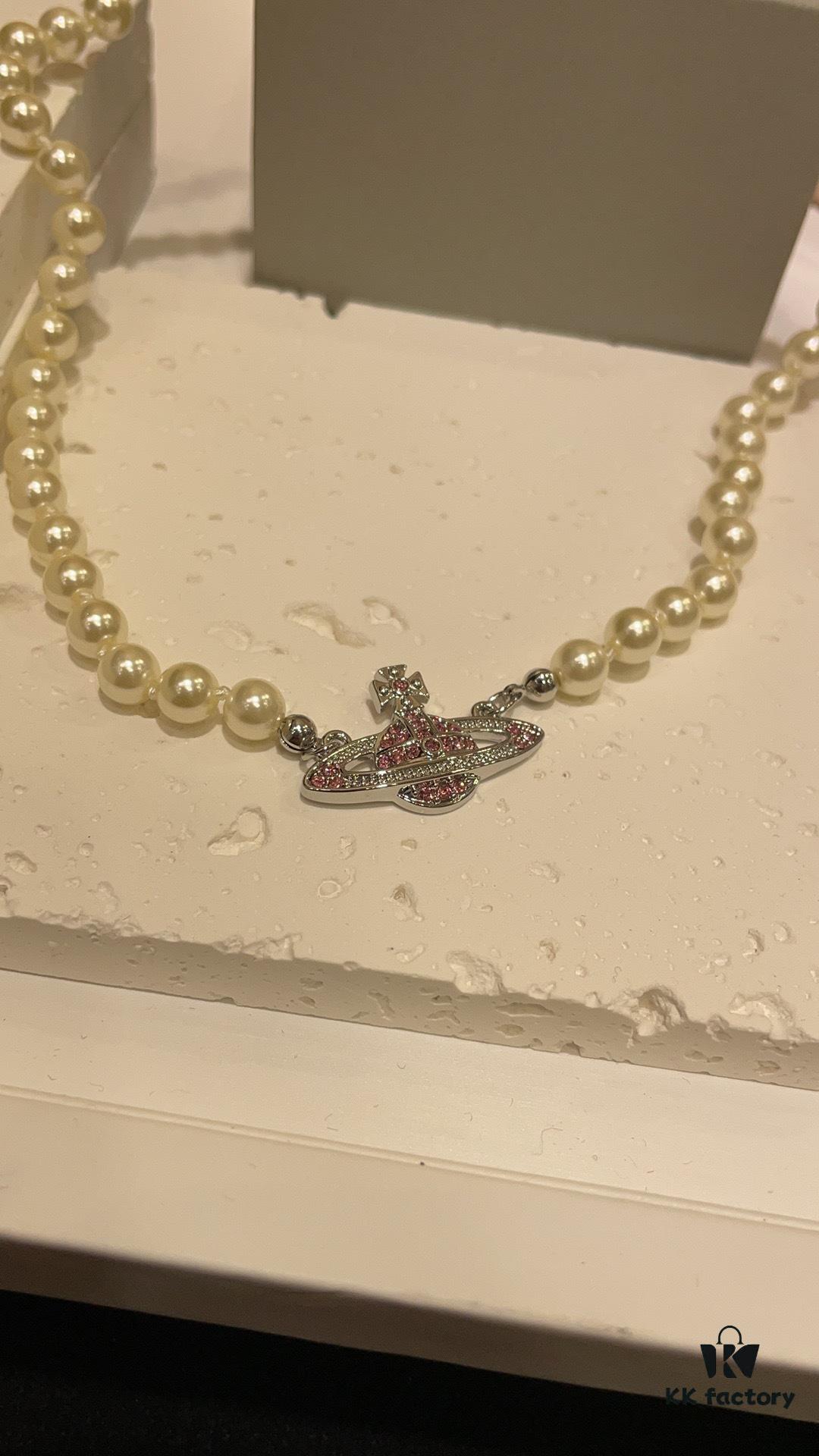 693011c012f62673a6fac5cf New Arrival Today 🆕 Vivienne Westwood Pink Diamond Saturn Pearl Necklace in Silver