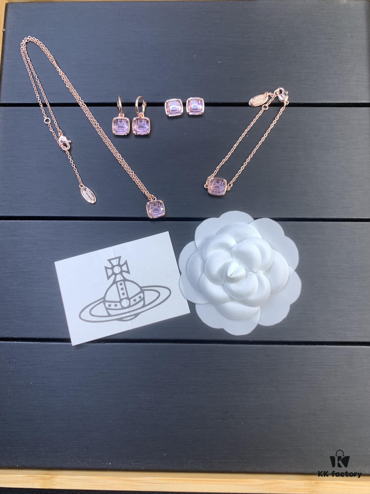 West Queen Sugar Cube Glass Necklace, Bracelet, and Earring Set, Purple, Pink, Yellow