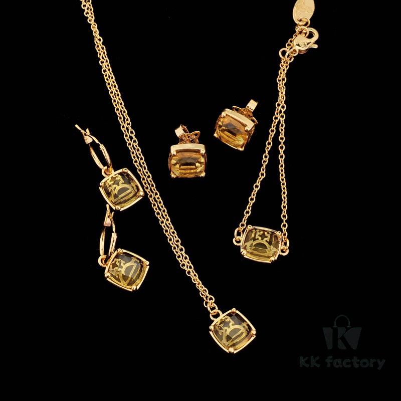West Queen Sugar Cube Glass Necklace, Bracelet, and Earring Set, Purple, Pink, Yellow