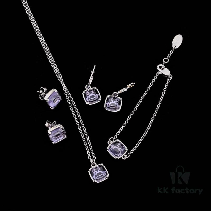 West Queen Sugar Cube Glass Necklace, Bracelet, and Earring Set, Purple, Pink, Yellow