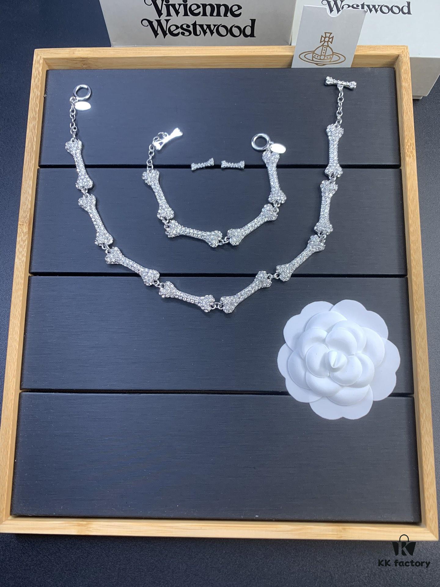 6930123412f62673a6fac64c Vivienne Westwood Bone Full Diamond Stud Earrings, Bracelet, and Necklace Set