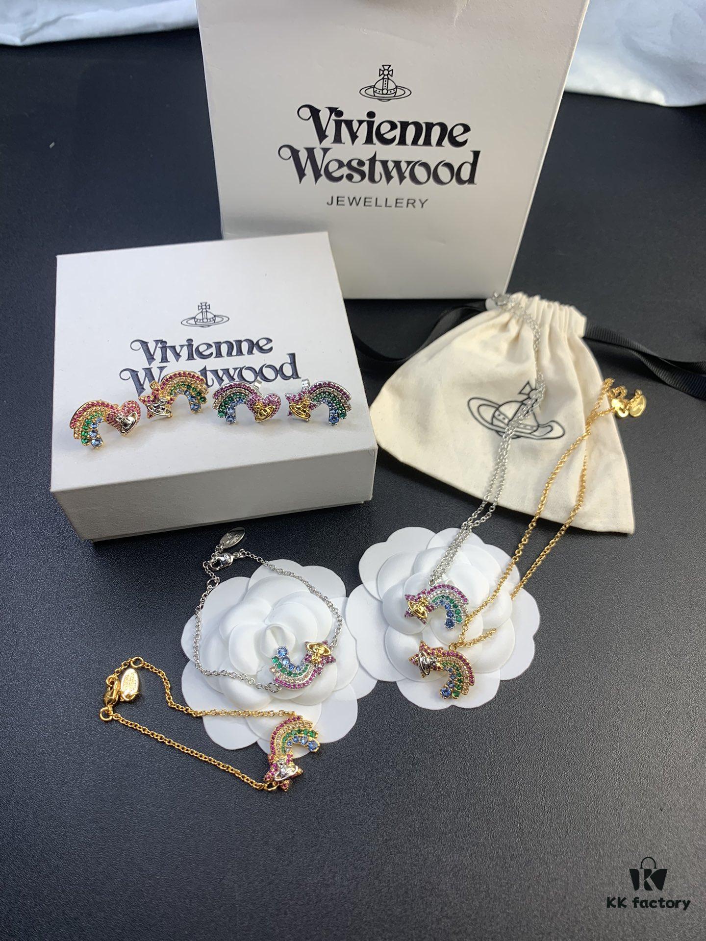 6930128212f62673a6fac6b0 West Queen Rainbow Heart and Pentagon Necklace, Bracelet, and Earring Set, Electroplated 18K Real Gold, Available in White Gold and Rose Gold
