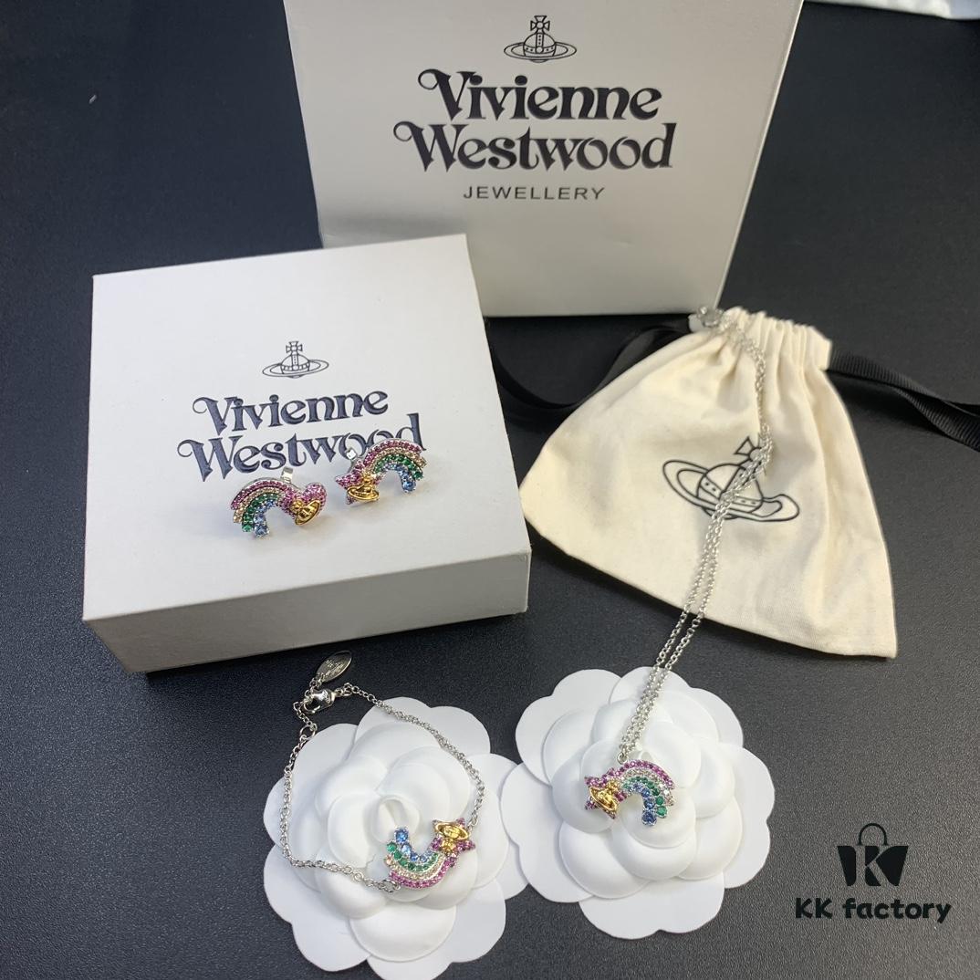 6930128212f62673a6fac6b1 West Queen Rainbow Heart and Pentagon Necklace, Bracelet, and Earring Set, Electroplated 18K Real Gold, Available in White Gold and Rose Gold