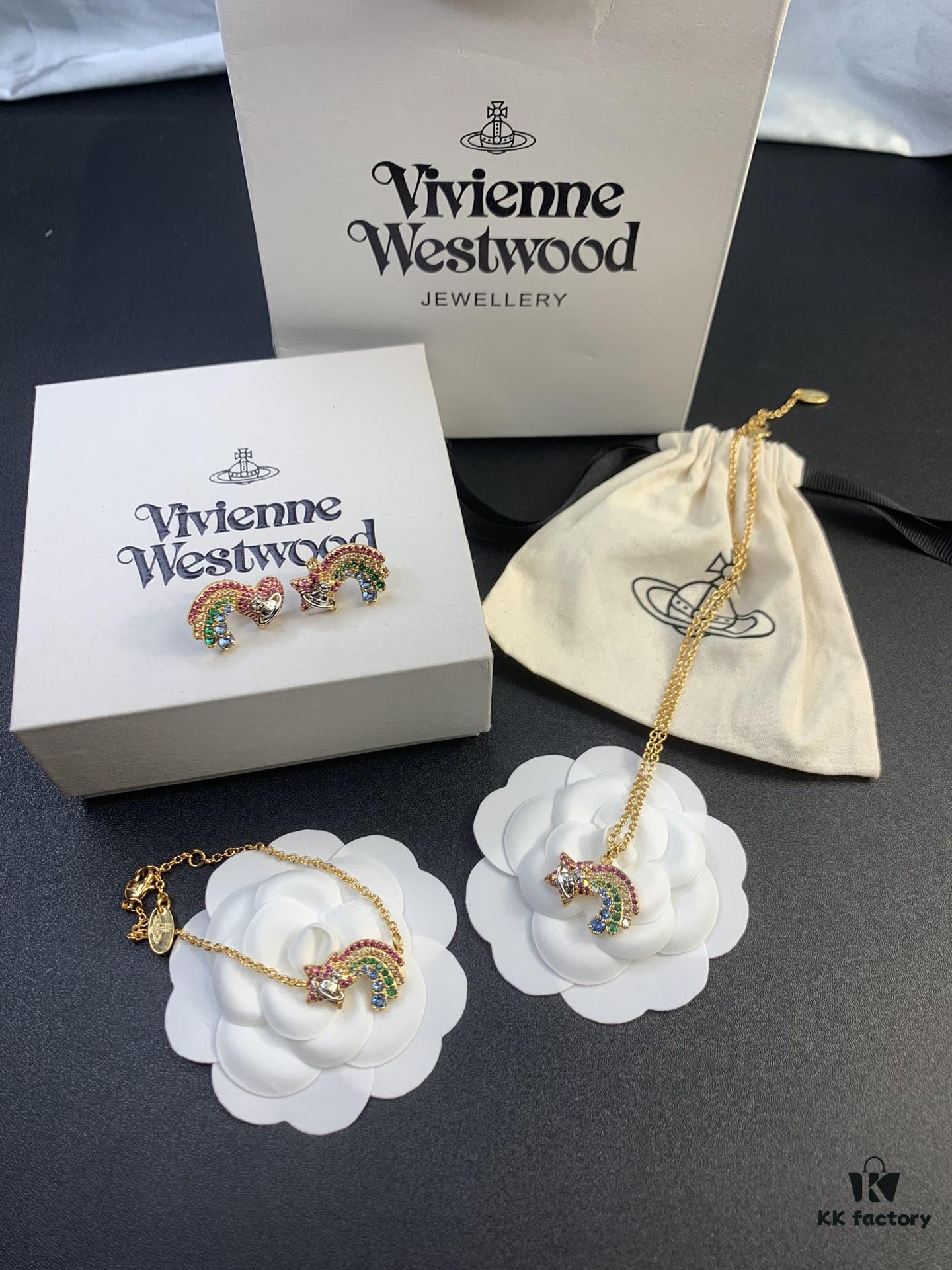 6930128212f62673a6fac6b2 West Queen Rainbow Heart and Pentagon Necklace, Bracelet, and Earring Set, Electroplated 18K Real Gold, Available in White Gold and Rose Gold