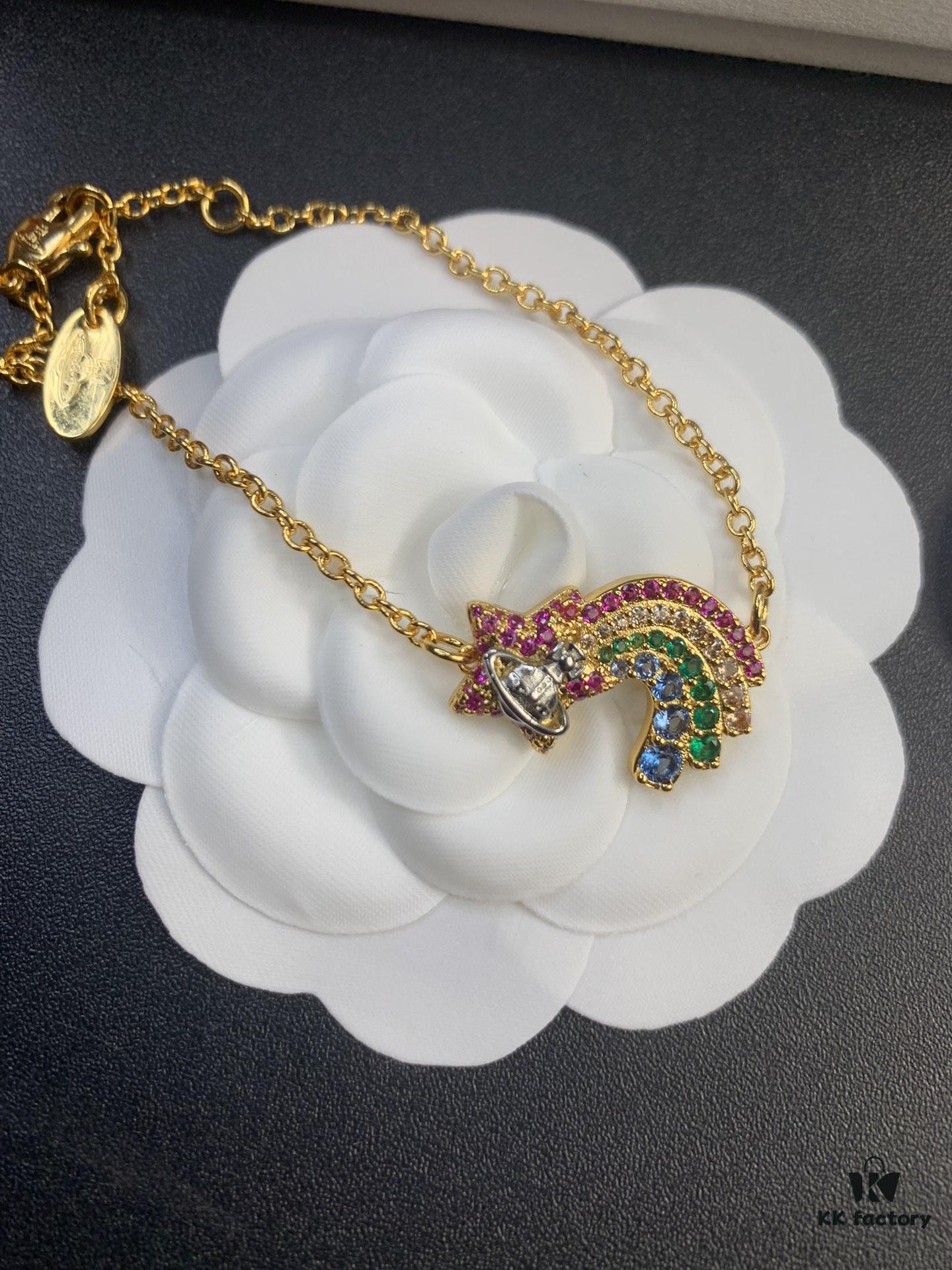 6930128412f62673a6fac6b5 West Queen Rainbow Heart and Pentagon Necklace, Bracelet, and Earring Set, Electroplated 18K Real Gold, Available in White Gold and Rose Gold