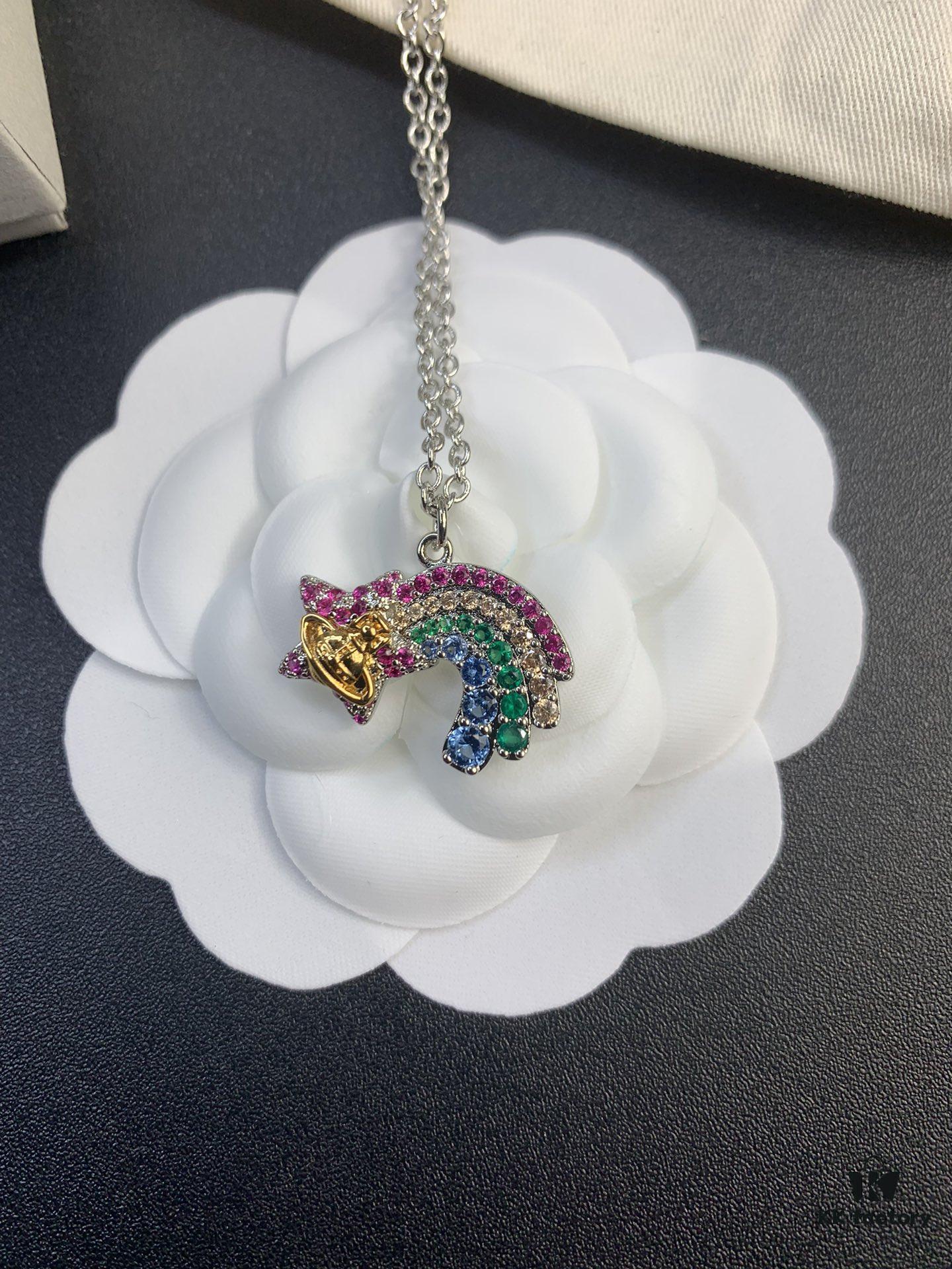 6930128812f62673a6fac6b8 West Queen Rainbow Heart and Pentagon Necklace, Bracelet, and Earring Set, Electroplated 18K Real Gold, Available in White Gold and Rose Gold