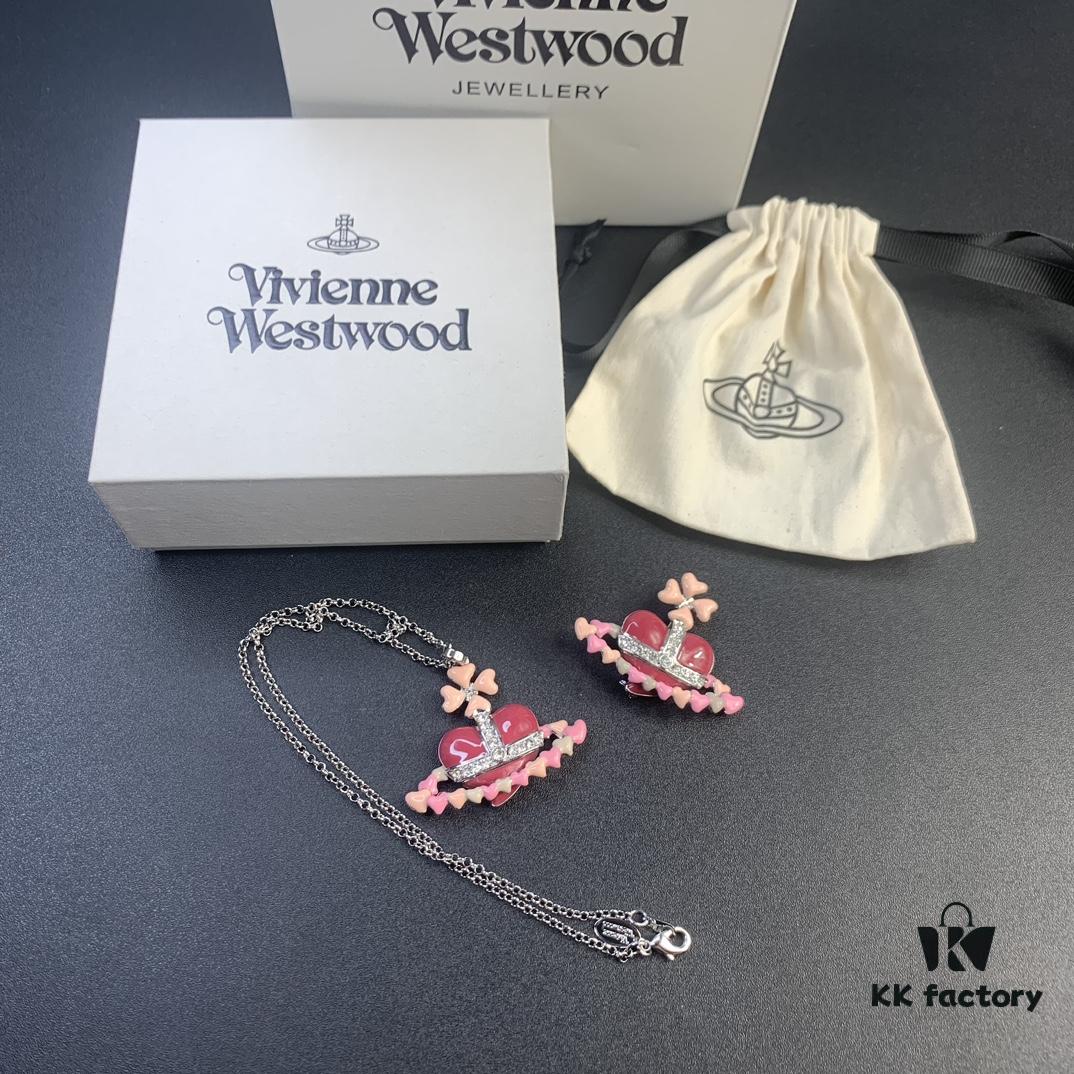 Valentine's Day Pink Heart Track Pendant Brooch Set by West Queen