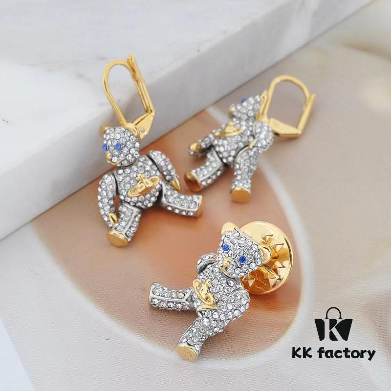 West Queen Articulated Bear Necklace 72cm, Earrings and Lapel Pin Set