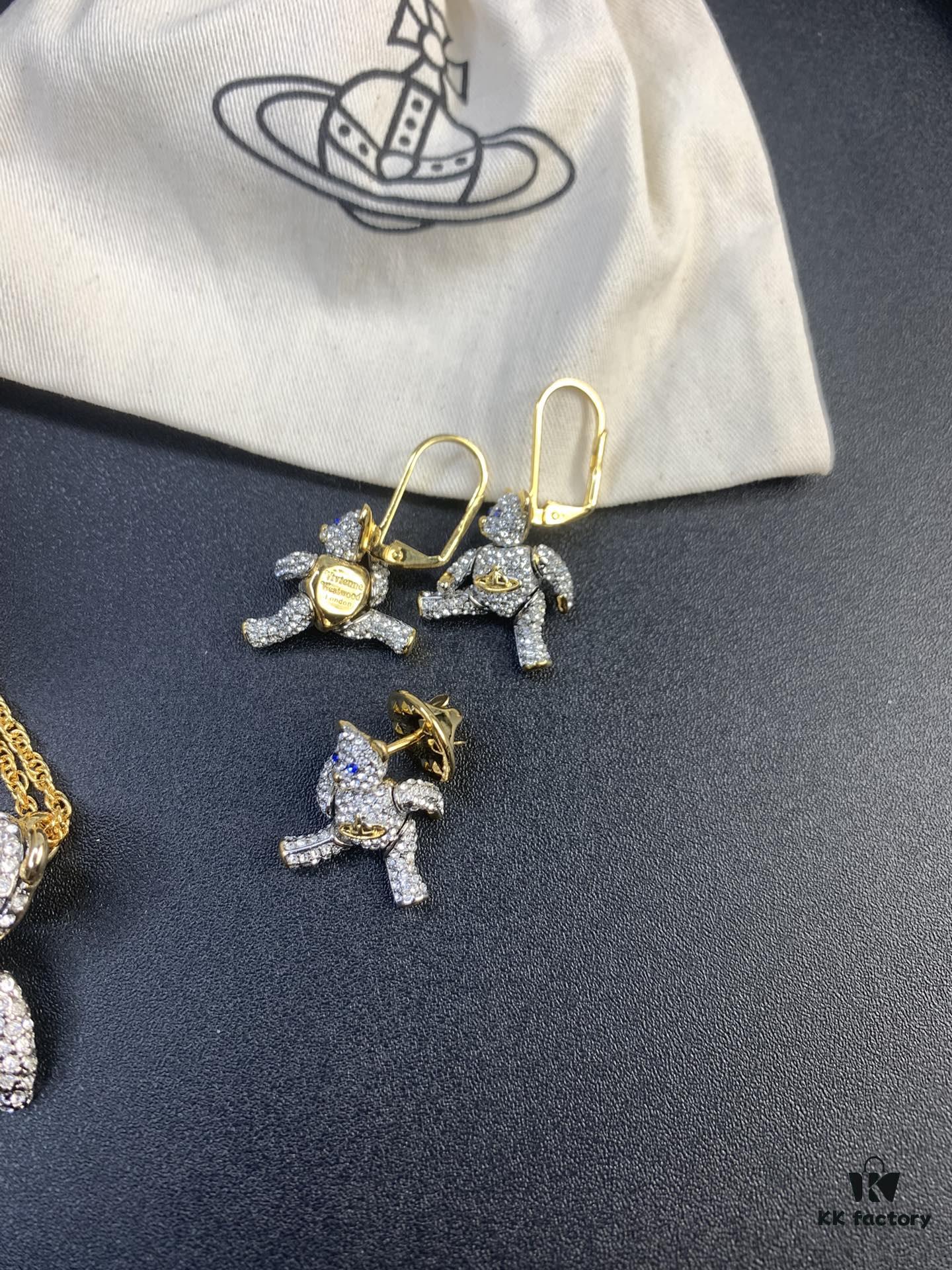 West Queen Articulated Bear Necklace 72cm, Earrings and Lapel Pin Set