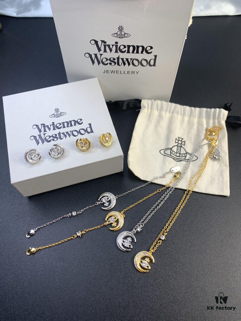 693012f312f62673a6fac760 West Queen Half-Moon Saturn Ear Studs Bracelet Necklace Set in Gold and Silver Tones