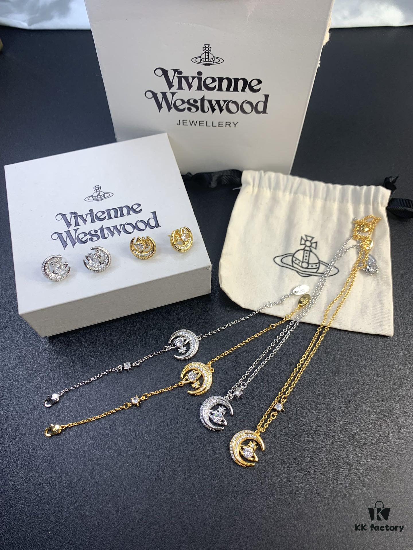 West Queen Half-Moon Saturn Ear Studs Bracelet Necklace Set in Gold and Silver Tones