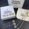 West Queen Half-Moon Saturn Ear Studs Bracelet Necklace Set in Gold and Silver Tones
