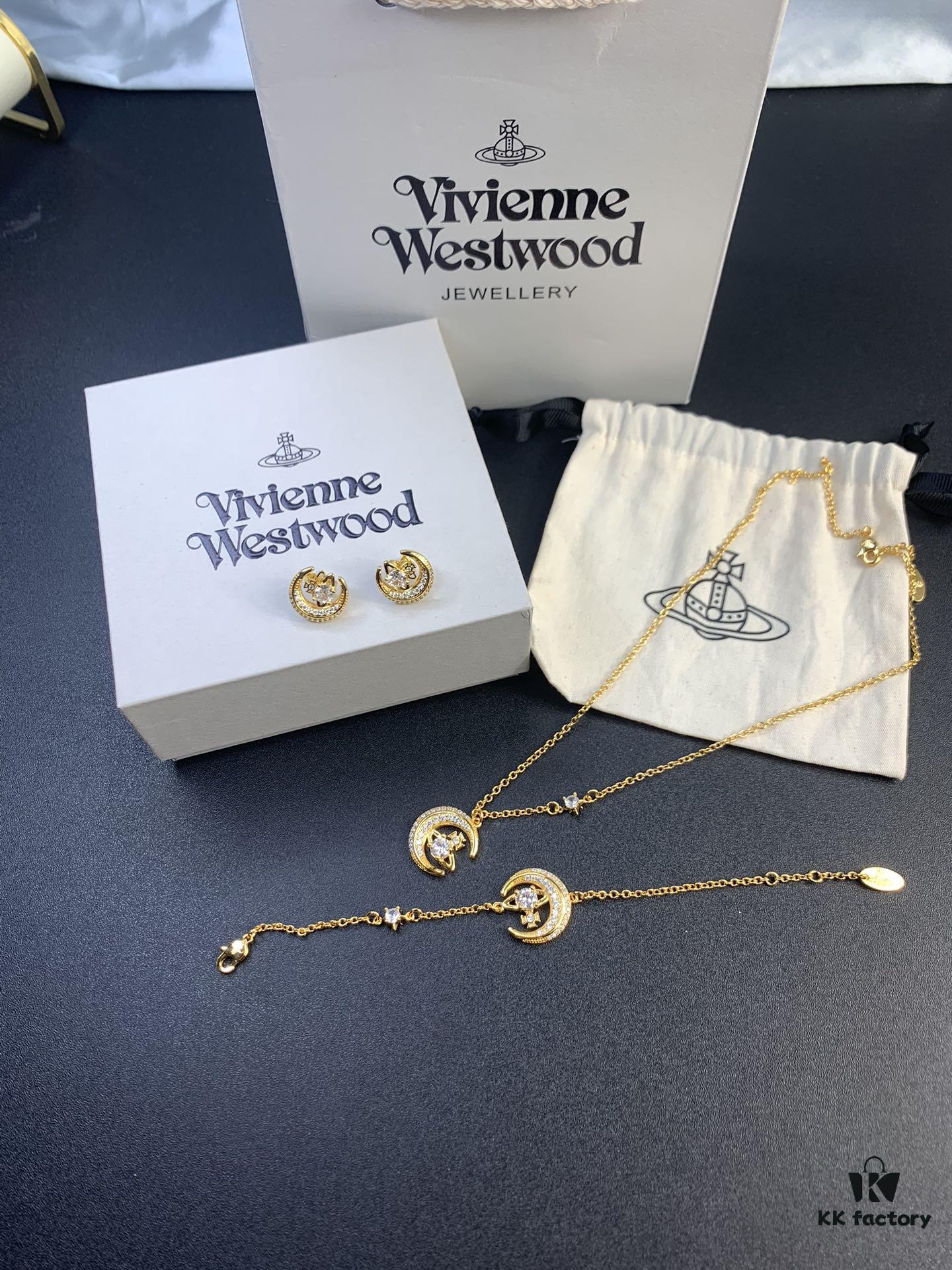 West Queen Half-Moon Saturn Ear Studs Bracelet Necklace Set in Gold and Silver Tones