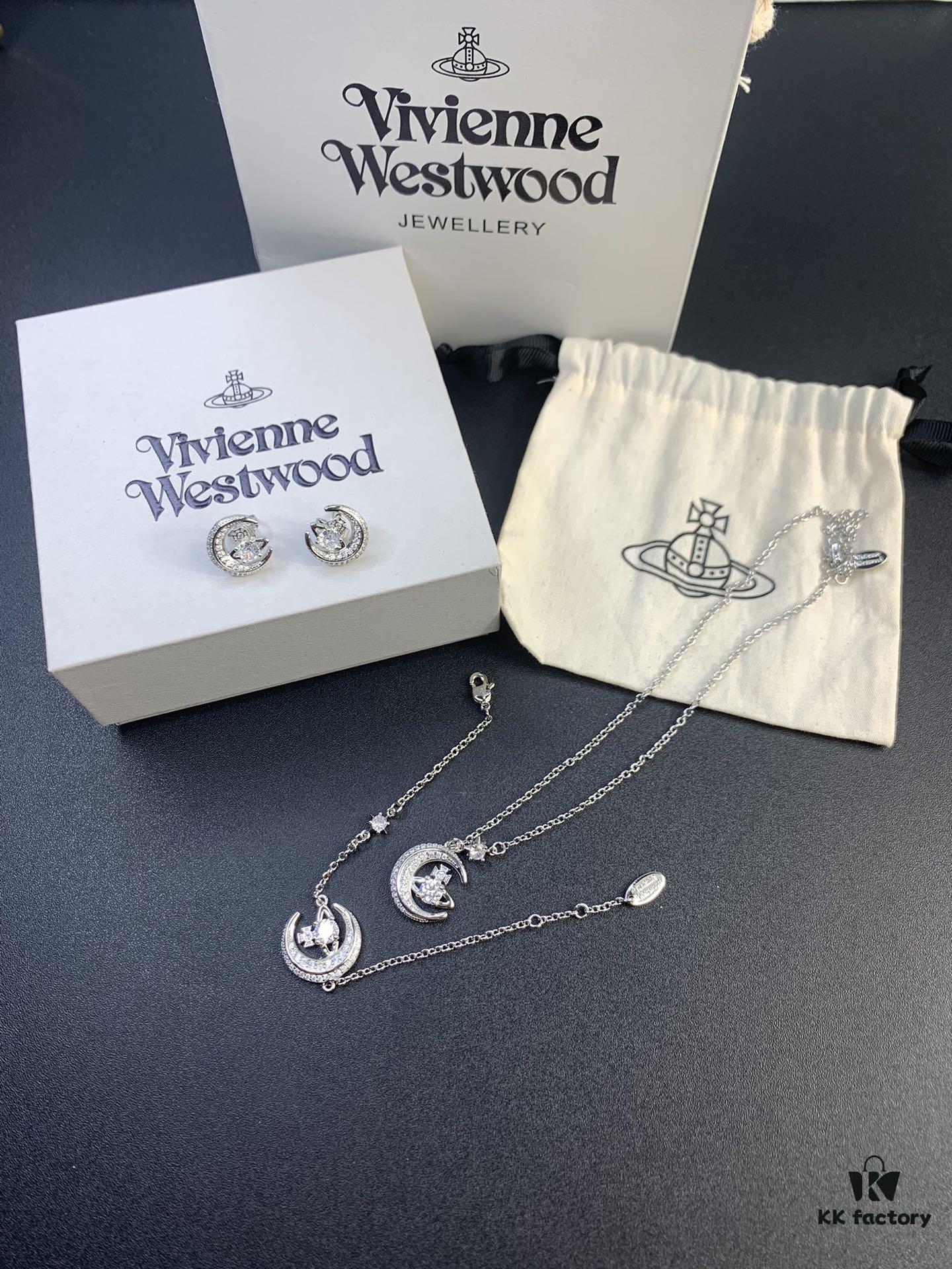 West Queen Half-Moon Saturn Ear Studs Bracelet Necklace Set in Gold and Silver Tones