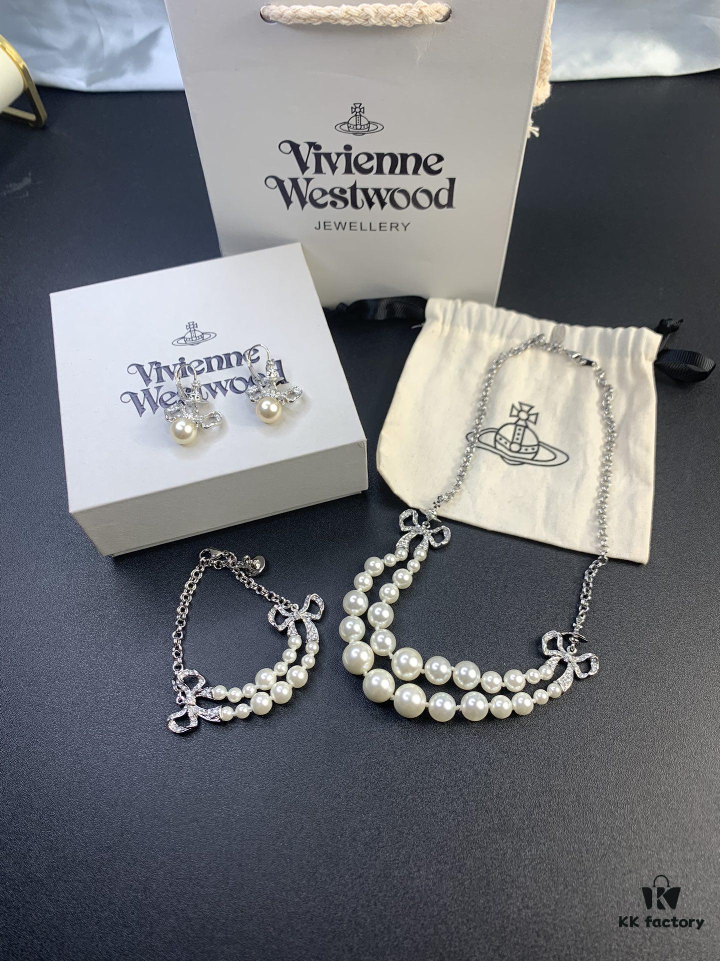693012fc12f62673a6fac76e West Queen Bow Double-Layer Pearl Set Stud Earrings Bracelet Necklace