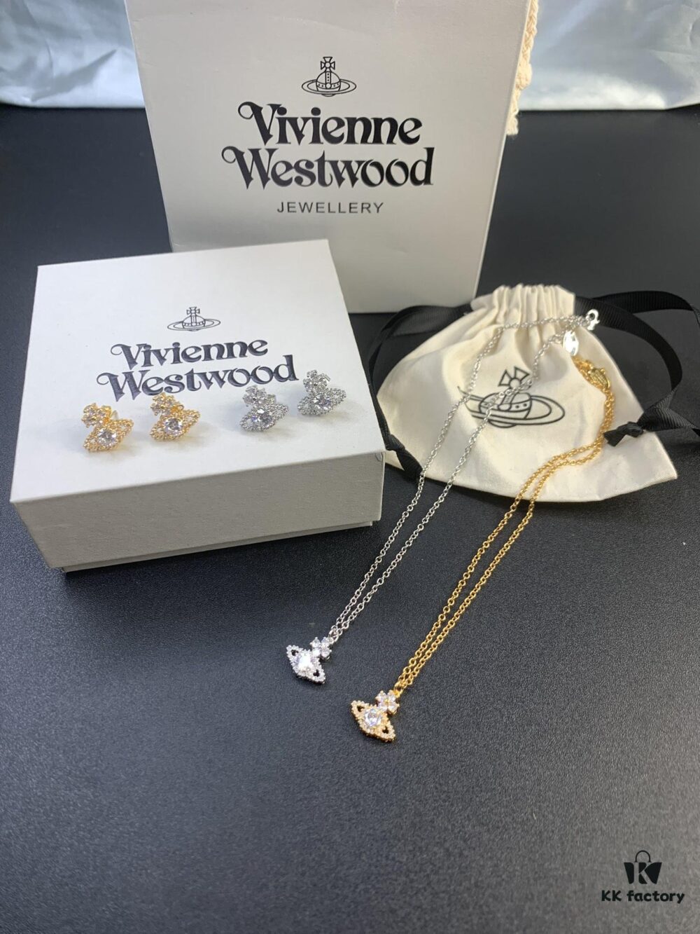 West Queen Round Diamond Necklace and Stud Earrings Set