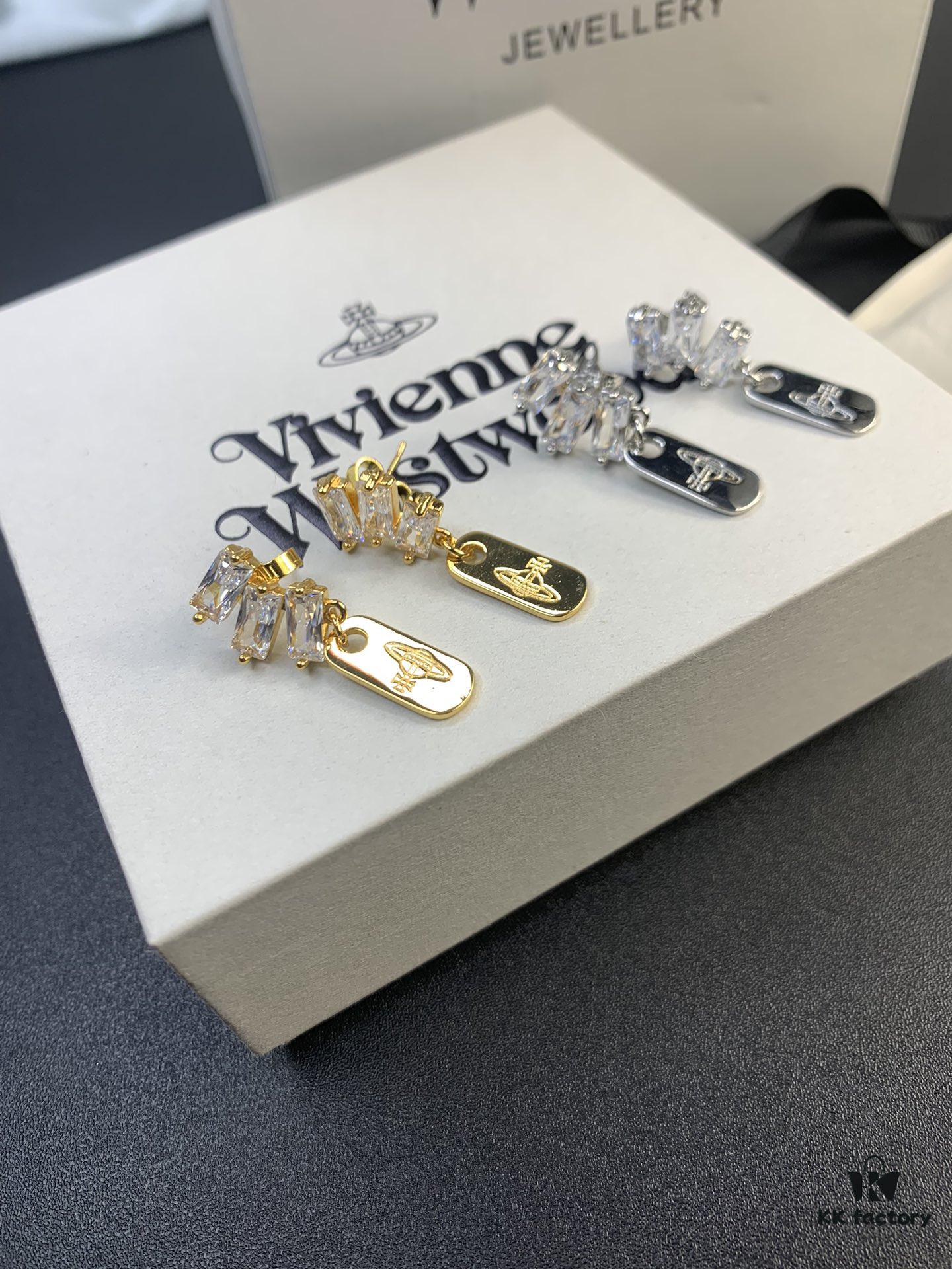 West Queen High-End Rectangular Stud Earrings in Yellow Gold and White Gold, Two Colors