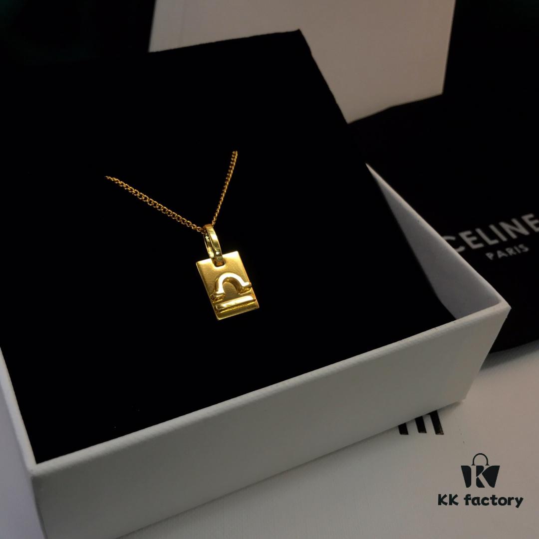 CELINE / Celine Luxury Gold French Zodiac Square Pendant Collar Necklace