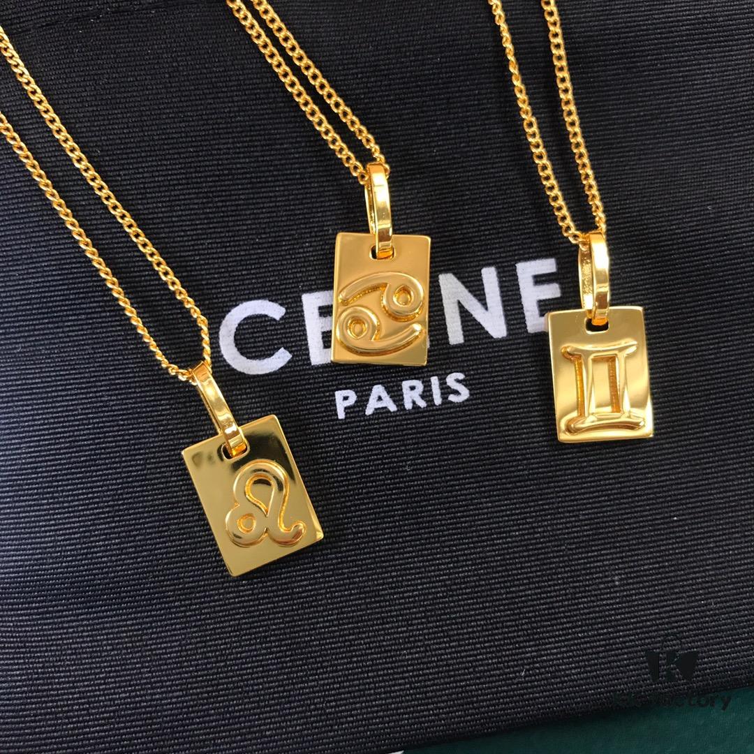 CELINE / Celine Luxury Gold French Zodiac Square Pendant Collar Necklace