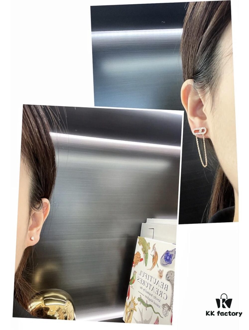 693017e212f62673a6facdd1 Mizhika Model AB Earrings, Rose Gold and White Gold, In Stock 11445. The classic Move series, symbolizing a beautiful meaning: 'Whether in the past, today, or the future, love is always there.'