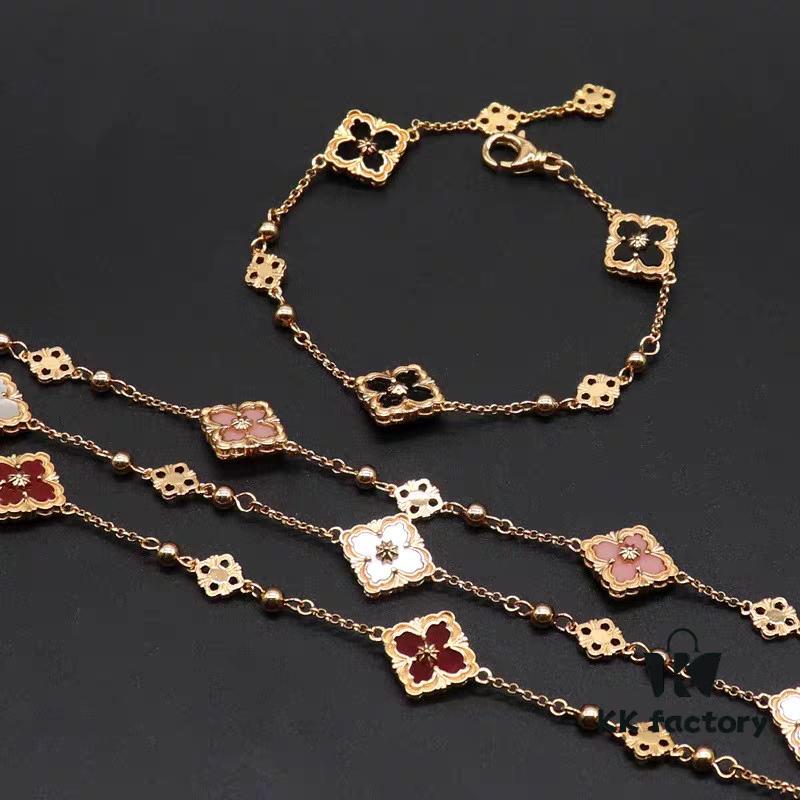 693019ce12f62673a6fad07e Italian Luxury Jewelry Brand Buccellati Vintage Royal Style Clover Four-Petal Flower Diamond-Embedded Shell Agate Chalcedony Reversible Three-Flower Bracelet