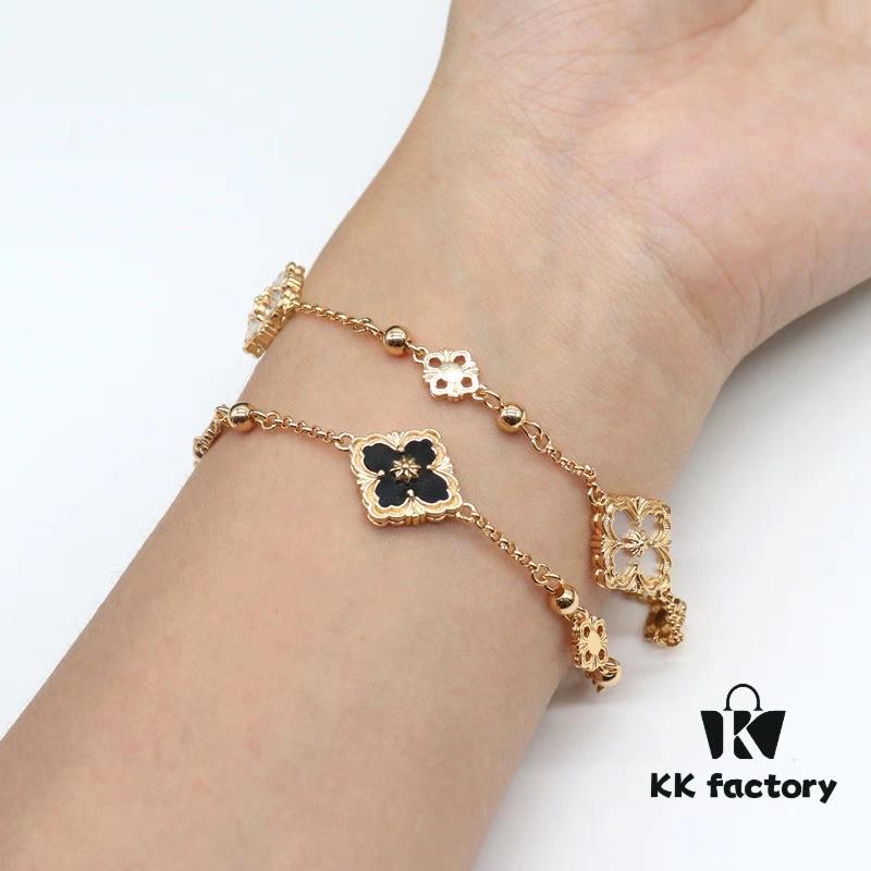 693019ce12f62673a6fad07f Italian Luxury Jewelry Brand Buccellati Vintage Royal Style Clover Four-Petal Flower Diamond-Embedded Shell Agate Chalcedony Reversible Three-Flower Bracelet