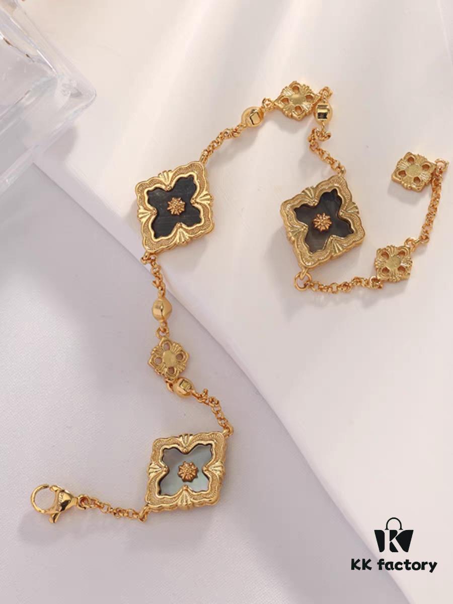 693019d112f62673a6fad082 Italian Luxury Jewelry Brand Buccellati Vintage Royal Style Clover Four-Petal Flower Diamond-Embedded Shell Agate Chalcedony Reversible Three-Flower Bracelet