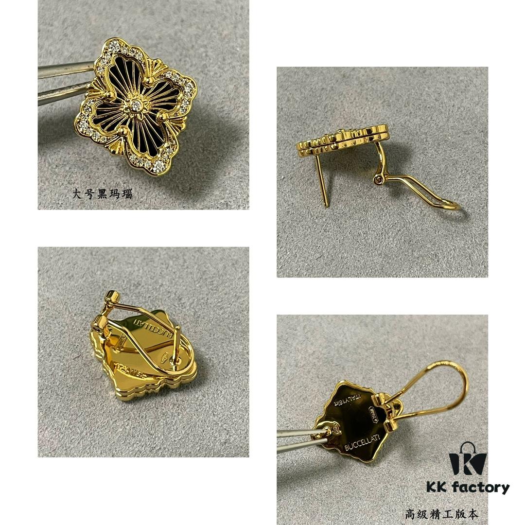69301a4112f62673a6fad103 Buccellati Opera Grande Series Large Black Agate Earrings, Retro Court-style Clover Design with Rigato Parallel Engraving Technique