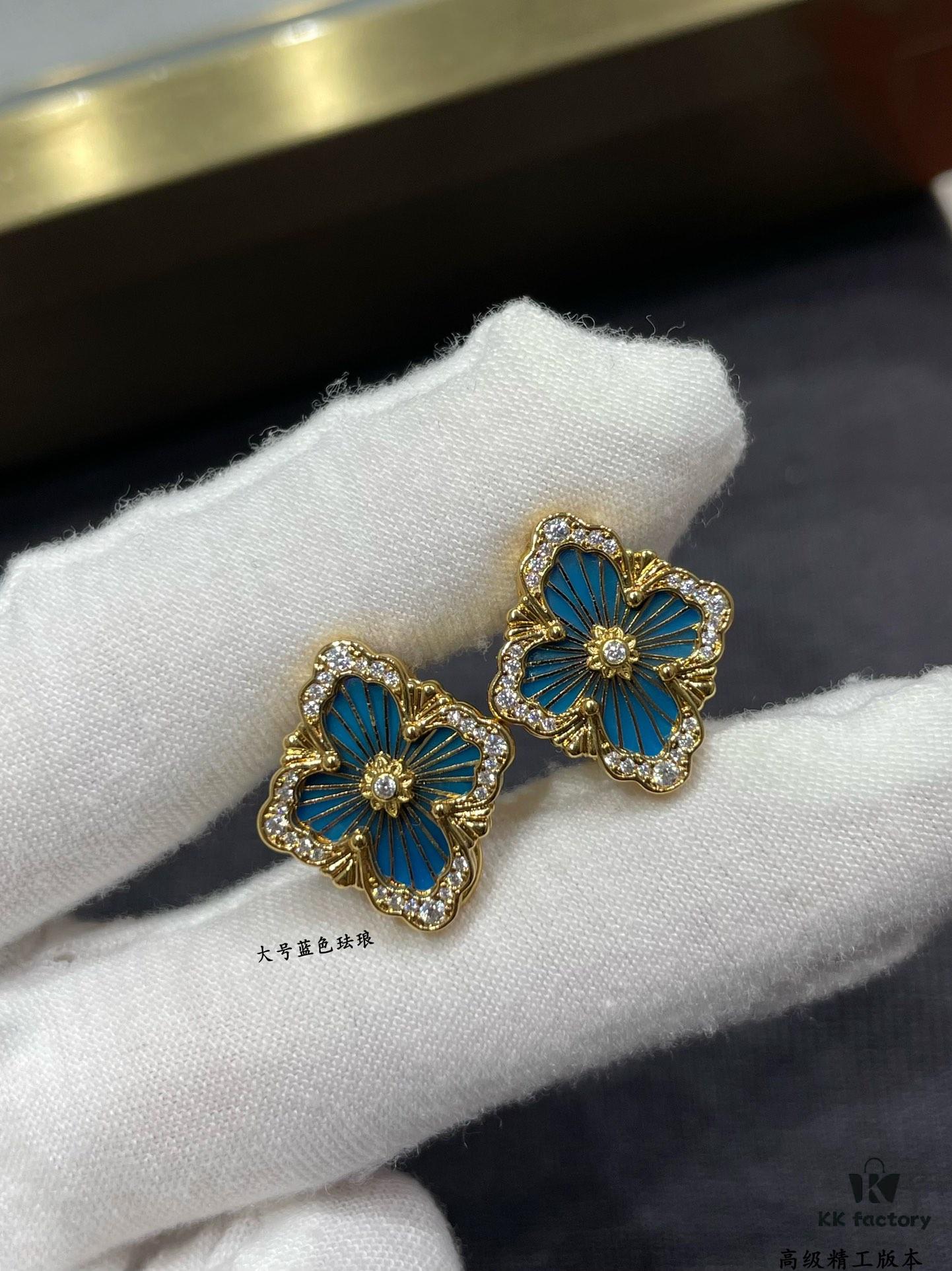 69301a5712f62673a6fad116 Buccellati Opera Grande Series Large Blue Enamel Earrings, Baroque-Style Four-Leaf Clover with Rigato Silk-Textured Finish
