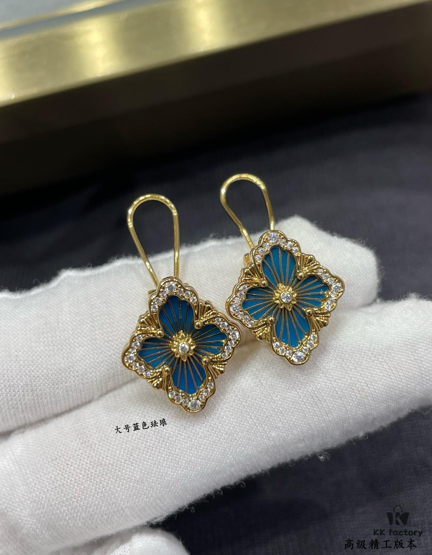 69301a5a12f62673a6fad118 Buccellati Opera Grande Series Large Blue Enamel Earrings, Baroque-Style Four-Leaf Clover with Rigato Silk-Textured Finish
