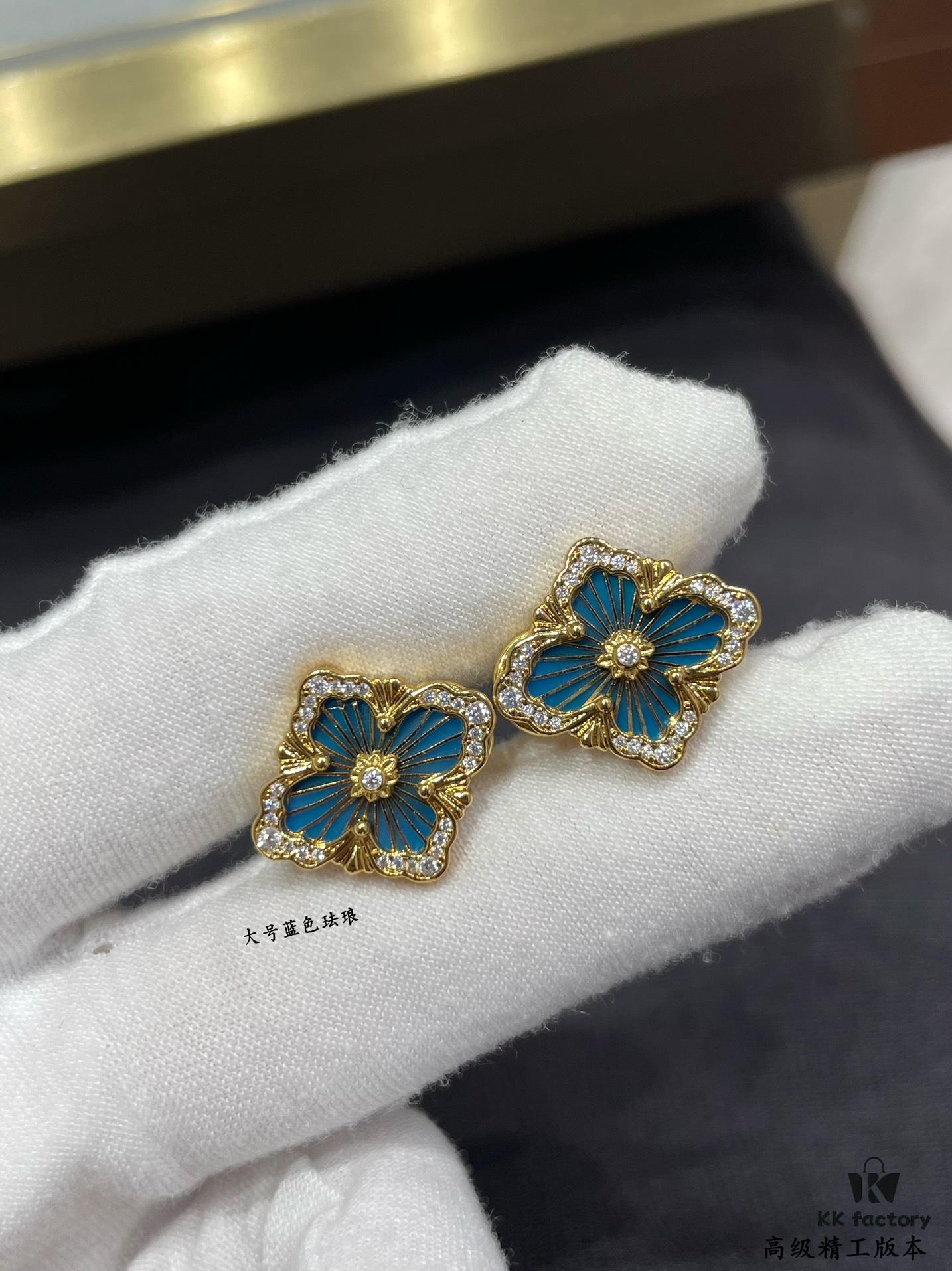 69301a5b12f62673a6fad11a Buccellati Opera Grande Series Large Blue Enamel Earrings, Baroque-Style Four-Leaf Clover with Rigato Silk-Textured Finish