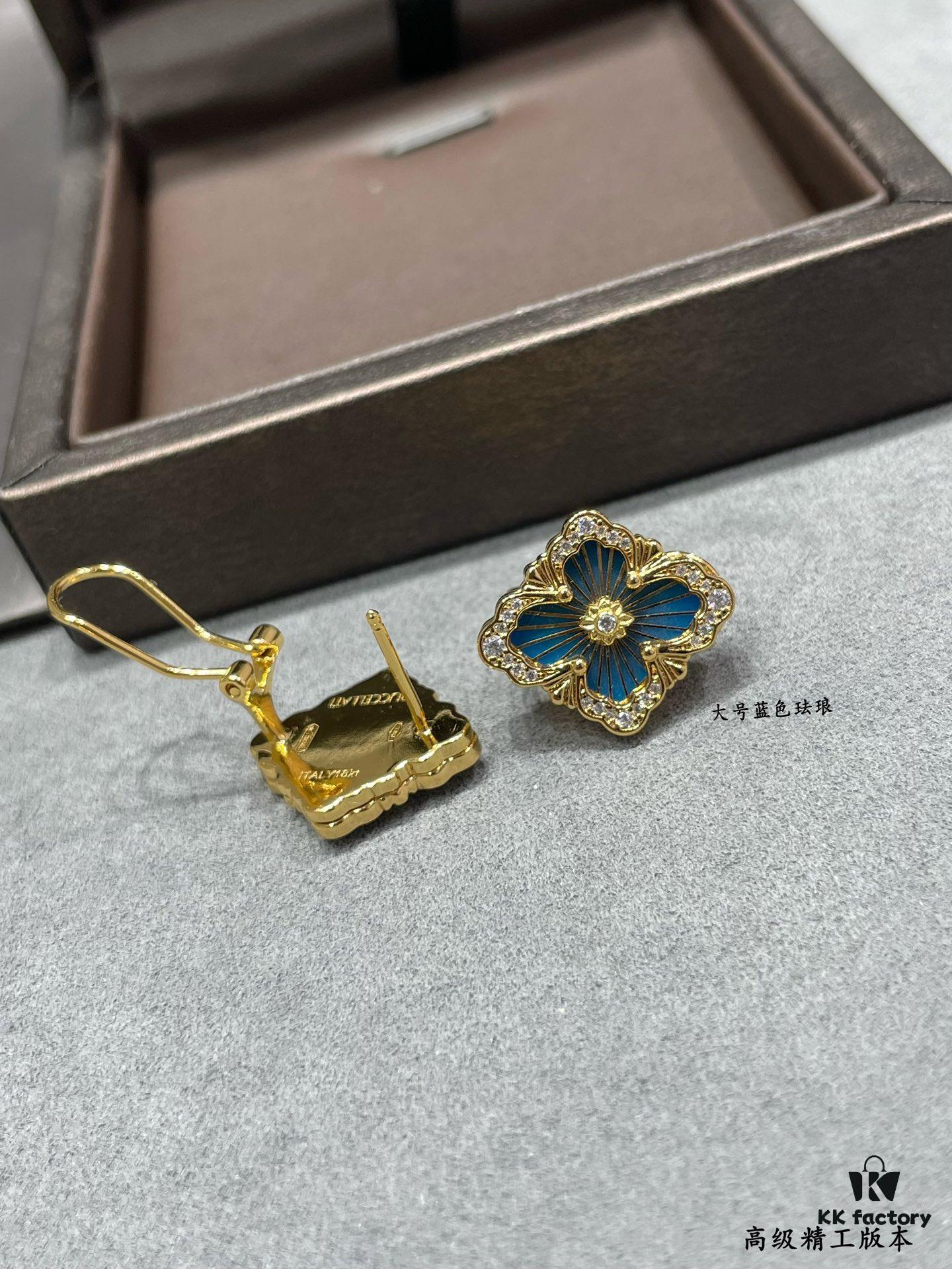 69301a5d12f62673a6fad11b Buccellati Opera Grande Series Large Blue Enamel Earrings, Baroque-Style Four-Leaf Clover with Rigato Silk-Textured Finish