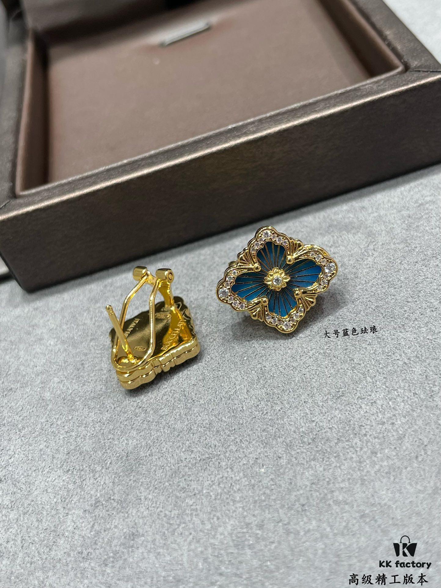 69301a5e12f62673a6fad11e Buccellati Opera Grande Series Large Blue Enamel Earrings, Baroque-Style Four-Leaf Clover with Rigato Silk-Textured Finish