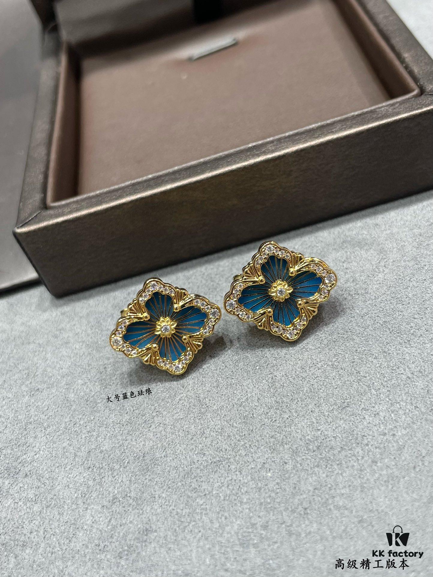 69301a5f12f62673a6fad11f Buccellati Opera Grande Series Large Blue Enamel Earrings, Baroque-Style Four-Leaf Clover with Rigato Silk-Textured Finish