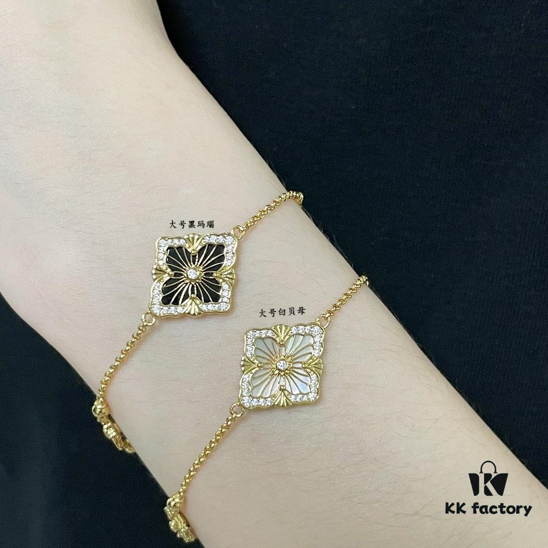 69301aa212f62673a6fad16e Buccellati Large Opera Series White Mother-of-Pearl Bracelet, Vintage Court Style Clover and Four-Petal Flower Double-Sided Necklace