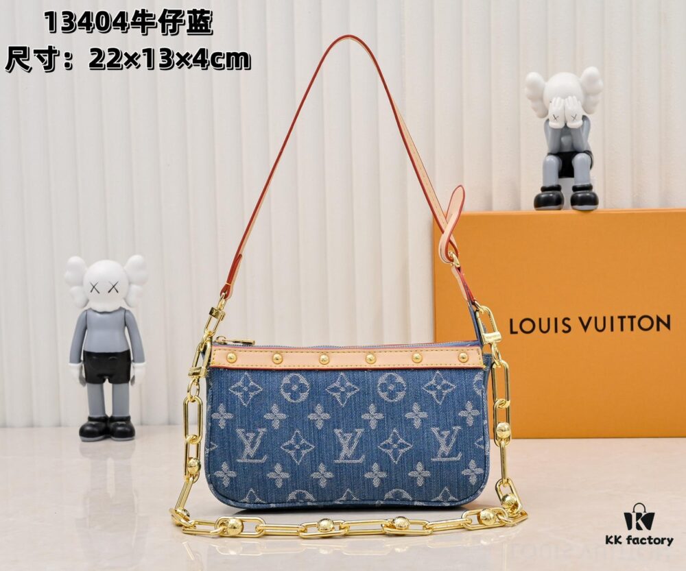 6930205e12f62673a6fad74c M13404 Denim Coated Canvas Pochette Accessoires Bag with Multicolor Monogram Pattern