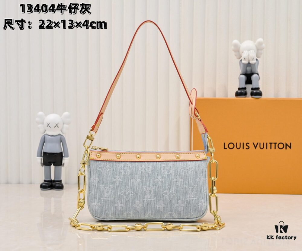 6930206012f62673a6fad74d M13404 Denim Coated Canvas Pochette Accessoires Bag with Multicolored Monogram Pattern