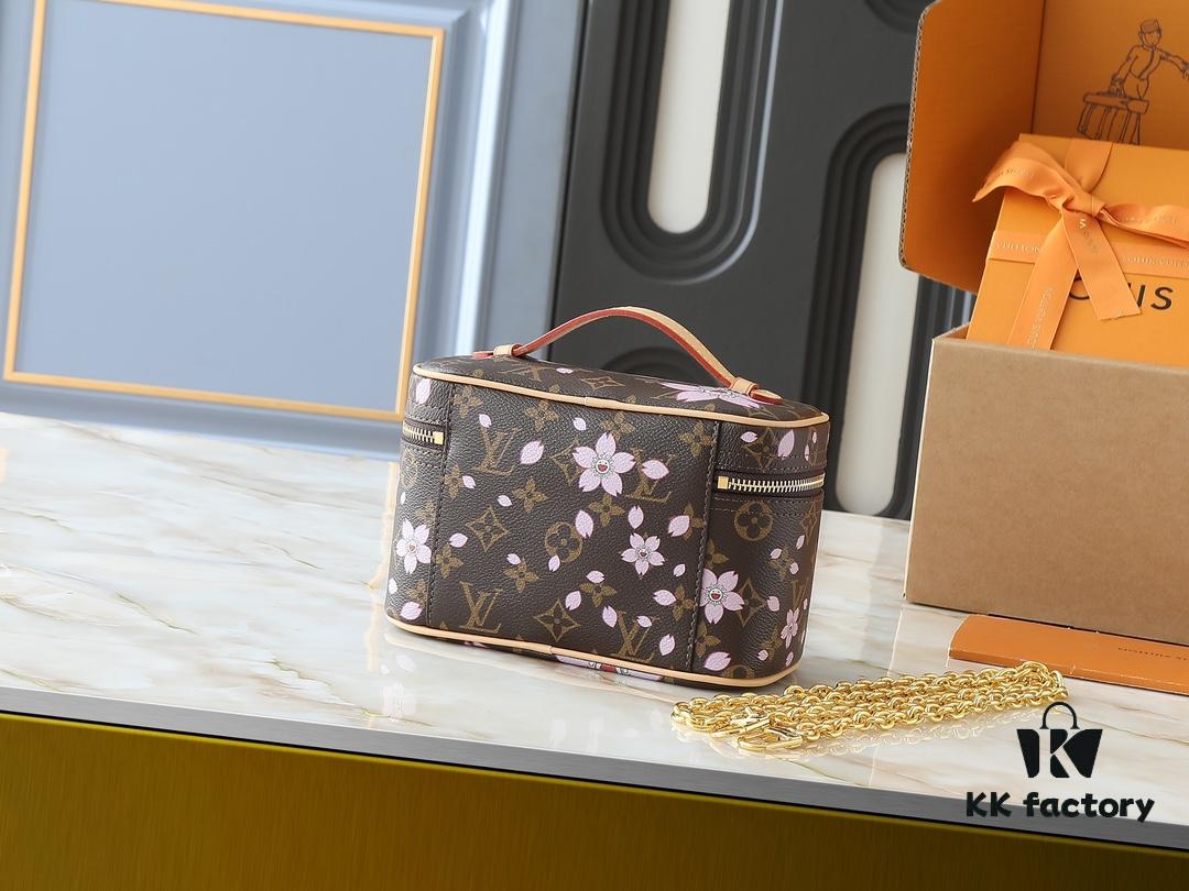 693023e912f62673a6fadae8 Upgraded Original M14181 M44495 Nice Mini Cosmetic Case Made of Monogram Coated Canvas with Rounded Silhouette and Cherry Blossom Pattern from the Louis Vuitton x Takashi Murakami Reimagined Collection, Featuring Cowhide Leather Handle and Double Zipper Closure