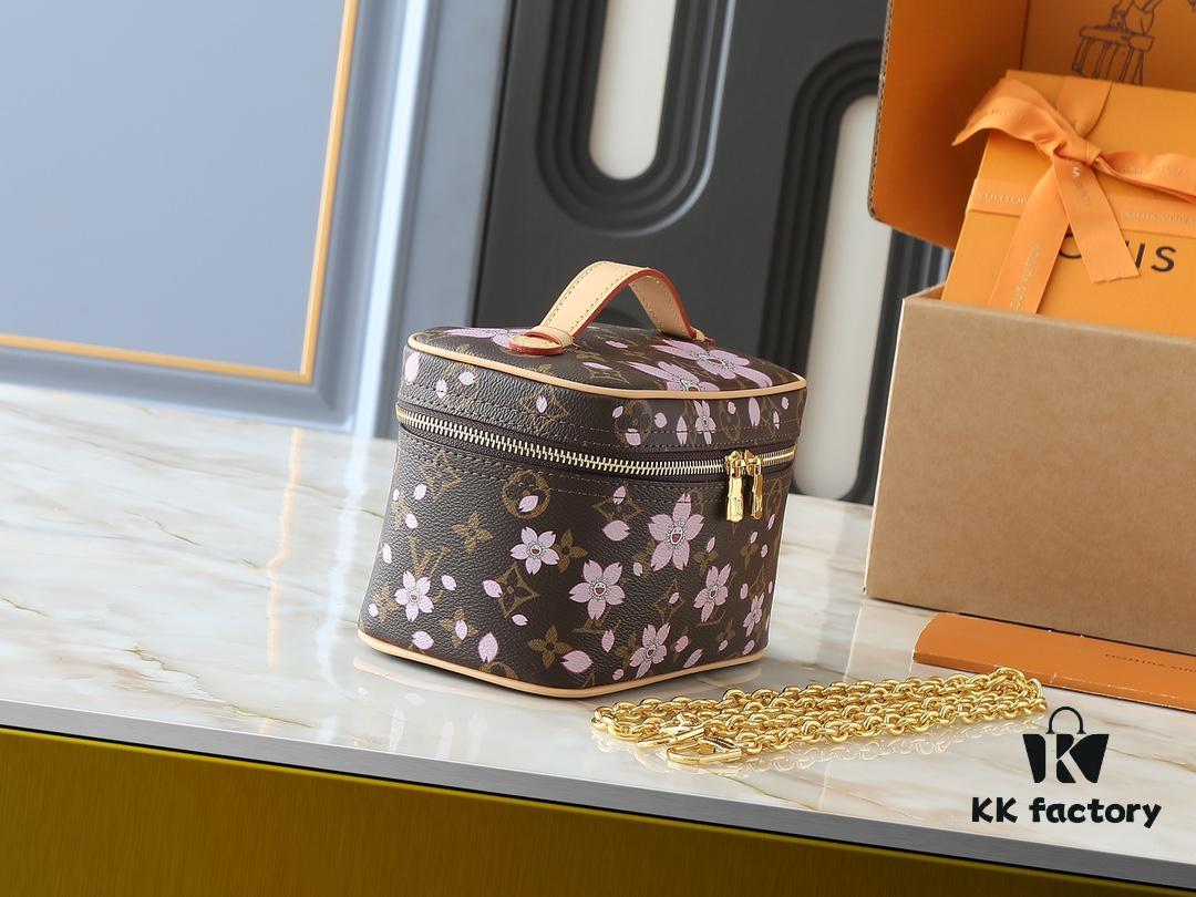 693023ec12f62673a6fadae9 Upgraded Original M14181 M44495 Nice Mini Cosmetic Case Made of Monogram Coated Canvas with Rounded Silhouette and Cherry Blossom Pattern from the Louis Vuitton x Takashi Murakami Reimagined Collection, Featuring Cowhide Leather Handle and Double Zipper Closure