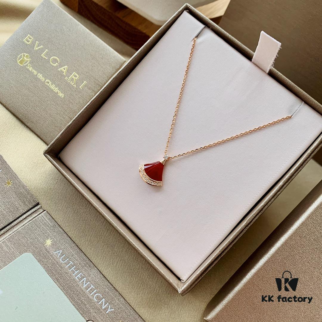 69303658f09edb6de4c4cc90 S925 Silver Plated with 18K Gold Bvlgari Divas' Dream Series Natural Red Agate Fan Pendant Necklace