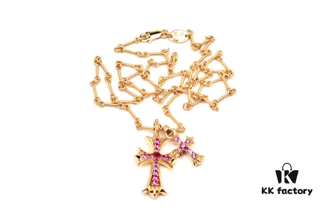 693036a6f09edb6de4c4ccb4 Chrome Hearts 22K Gold Plated Red Diamond Double Cross Necklace